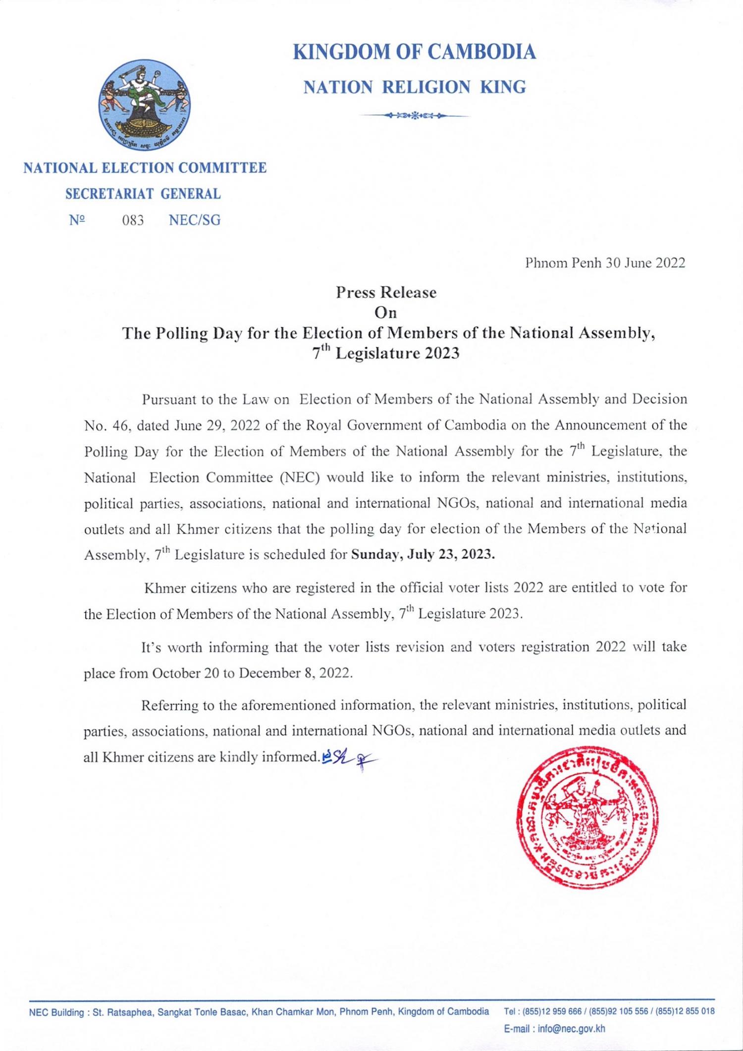 Press Release On The Polling Day for the Election of Members of the